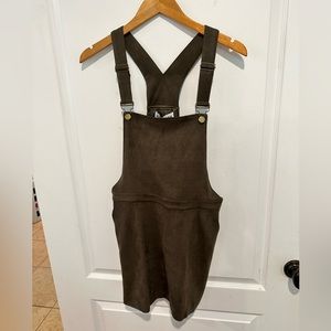 KITTENISH Olive Suede Overall Dress with Pockets